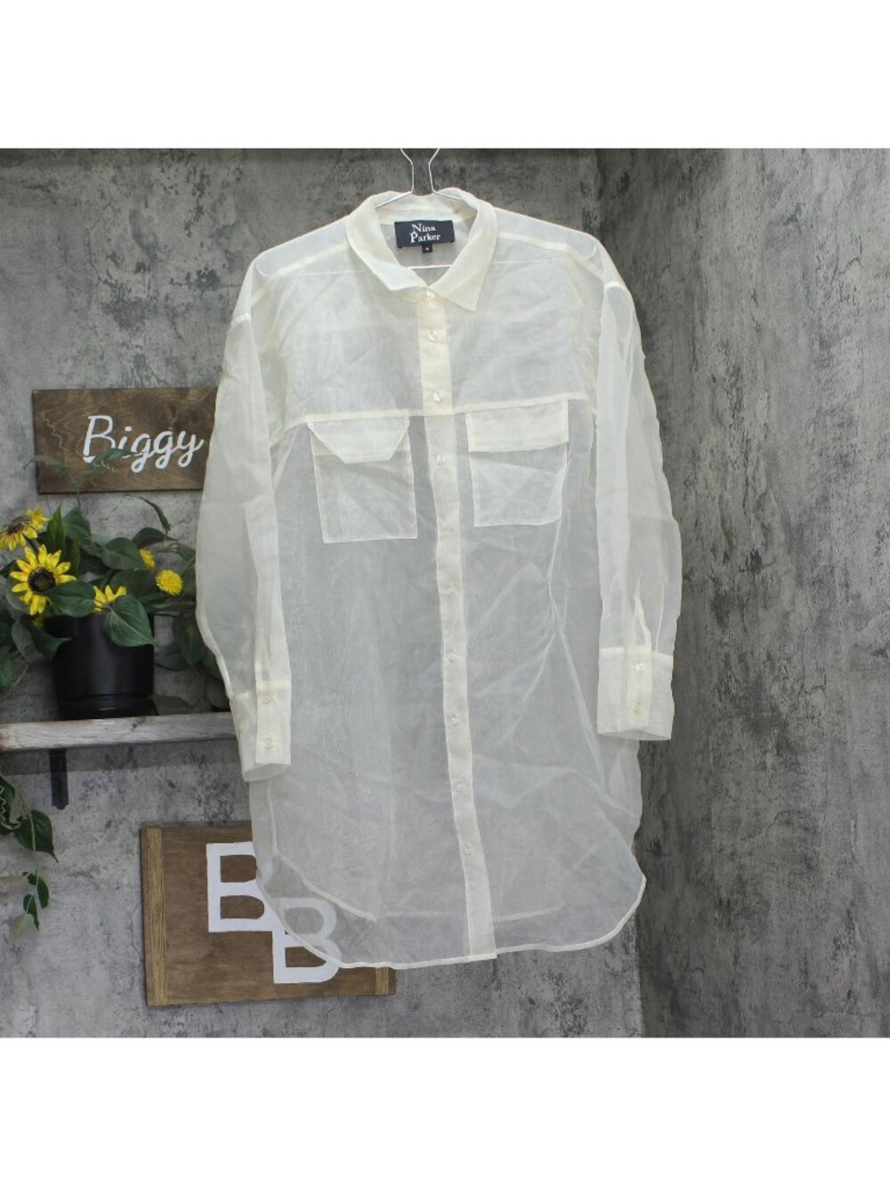 NEW Nina Parker Sheer Button Up Long Sleeve Shirt Ivory Off White 1X